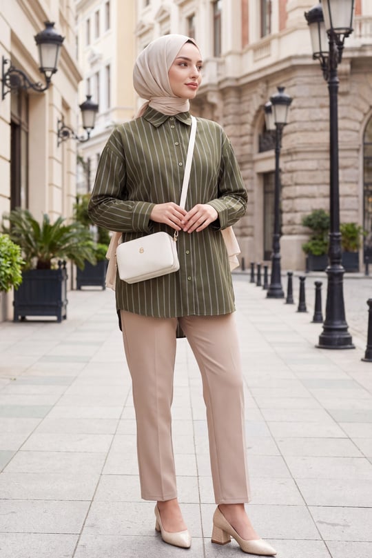 Womens Striped Button-Front Oval Cut Linen Look Shirt - Khaki