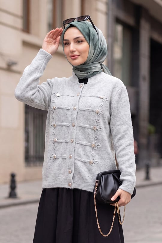 Womens Multi Button-Front Polo-Collar Soft Knit Cardigan - Light Gray