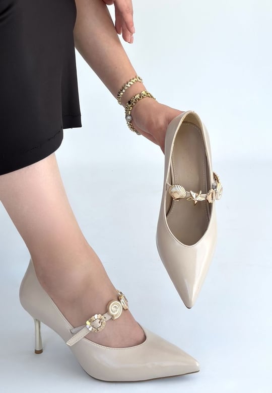 Conne Cilt Stiletto Ayakkabı -Bej