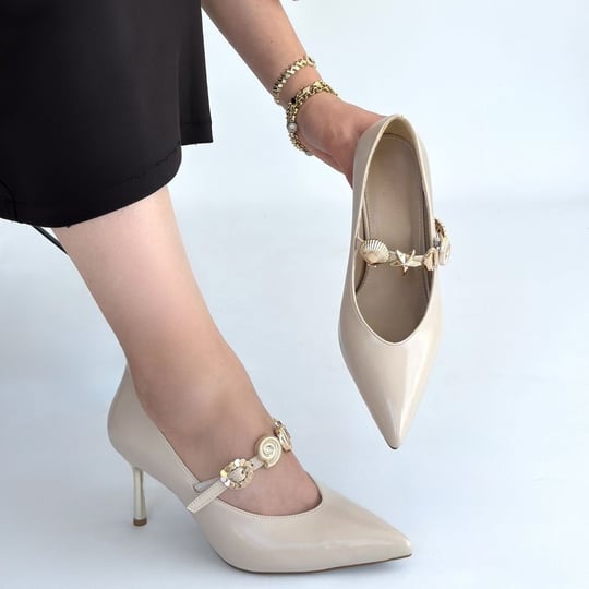 Conne Cilt Stiletto Ayakkabı -Bej