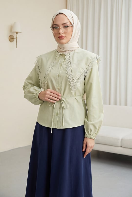Dantelli Geniş Yakalı Bağcıklı Kolu Lastikli Poplin Gömlek -Su Yeşili