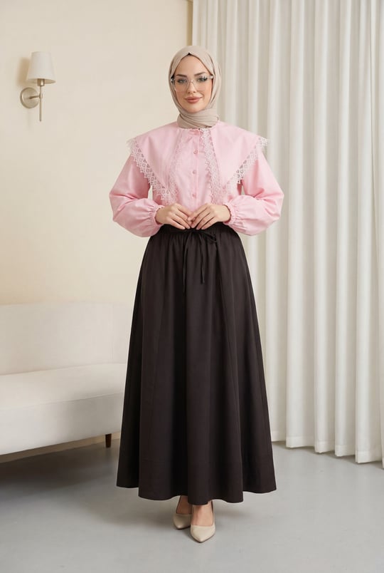 Dantelli Geniş Yakalı Bağcıklı Kolu Lastikli Poplin Gömlek -Pembe