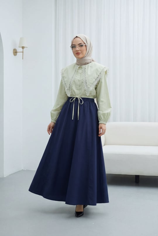 Dantelli Geniş Yakalı Bağcıklı Kolu Lastikli Poplin Gömlek -Su Yeşili