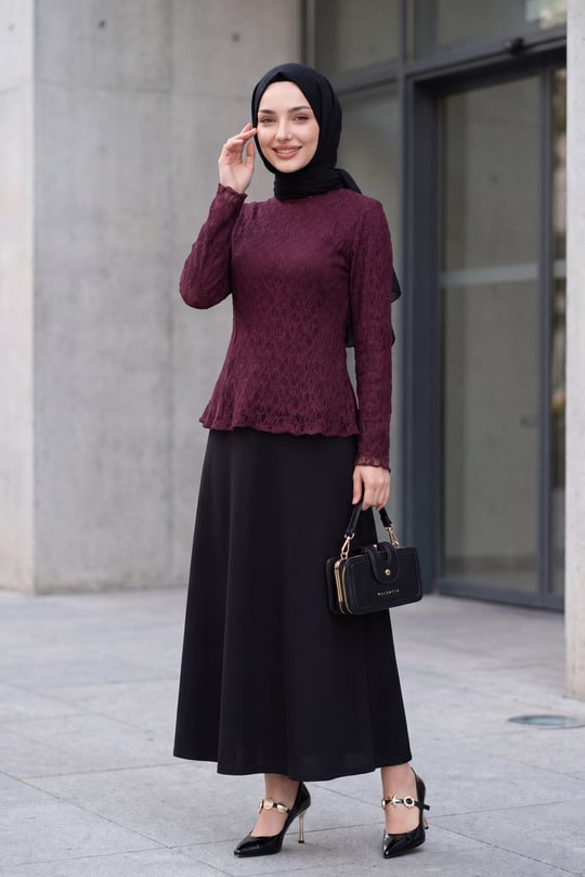 Dantelli İçi Astarlı Bluz -Mürdüm