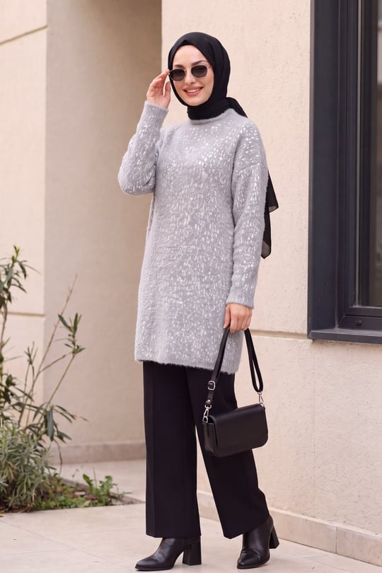Dik Yaka Desenli Yumoş Triko Tunik  -Açık Gri