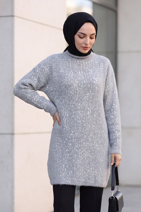 Dik Yaka Desenli Yumoş Triko Tunik  -Açık Gri