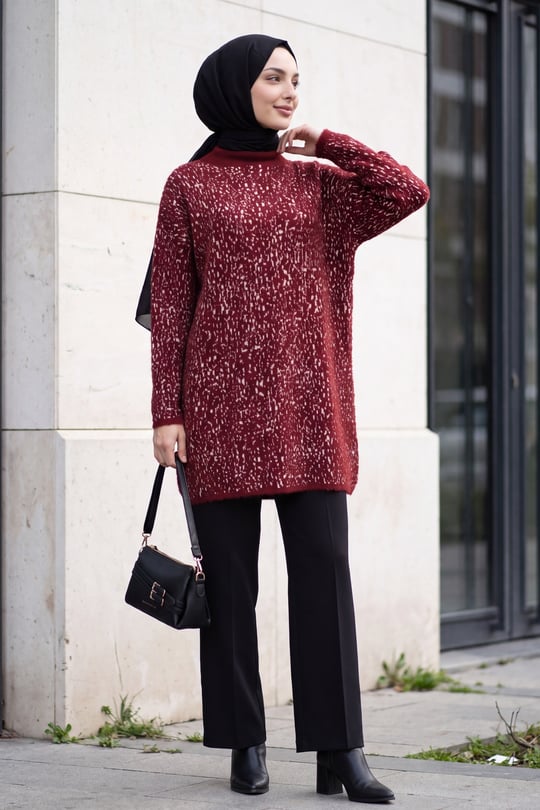 Dik Yaka Desenli Yumoş Triko Tunik  -Bordo