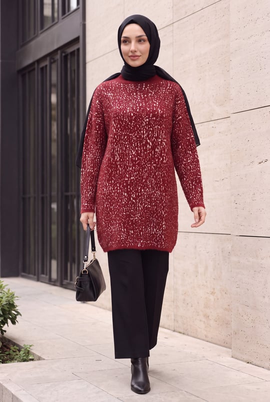Dik Yaka Desenli Yumoş Triko Tunik  -Bordo