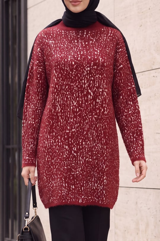 Dik Yaka Desenli Yumoş Triko Tunik  -Bordo
