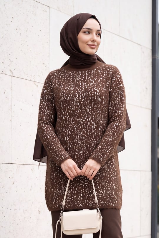 Dik Yaka Desenli Yumoş Triko Tunik  -Kahverengi