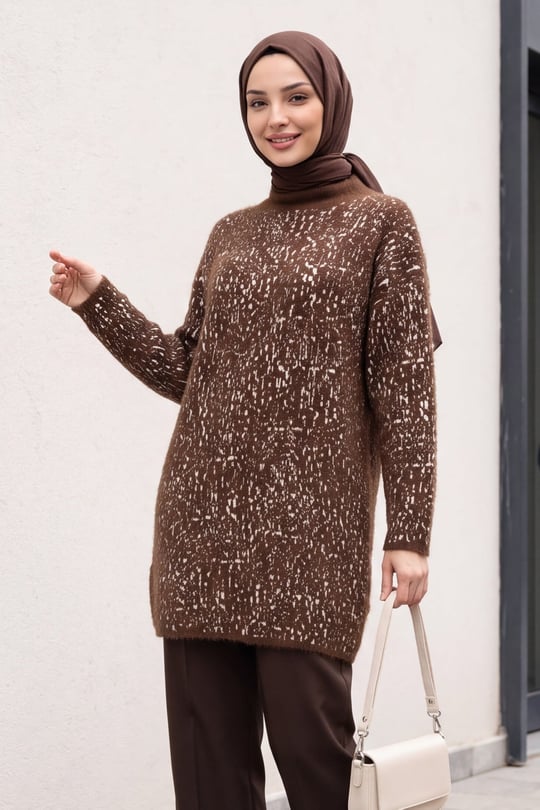 Dik Yaka Desenli Yumoş Triko Tunik  -Kahverengi