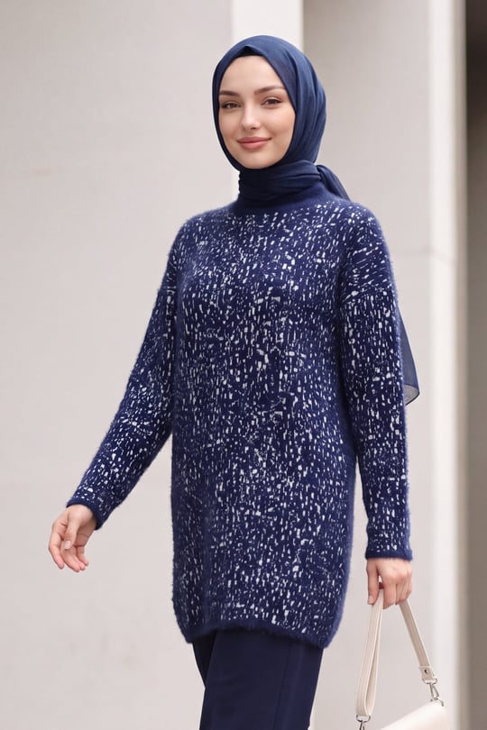 Dik Yaka Desenli Yumoş Triko Tunik  -Lacivert