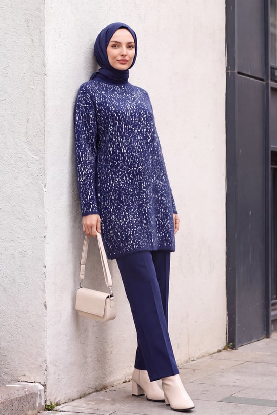 Dik Yaka Desenli Yumoş Triko Tunik  -Lacivert
