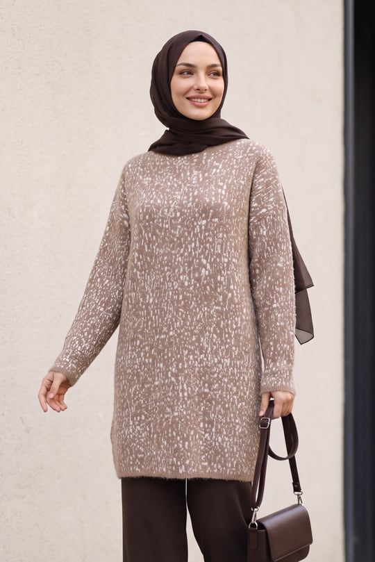 Dik Yaka Desenli Yumoş Triko Tunik  -Toprak
