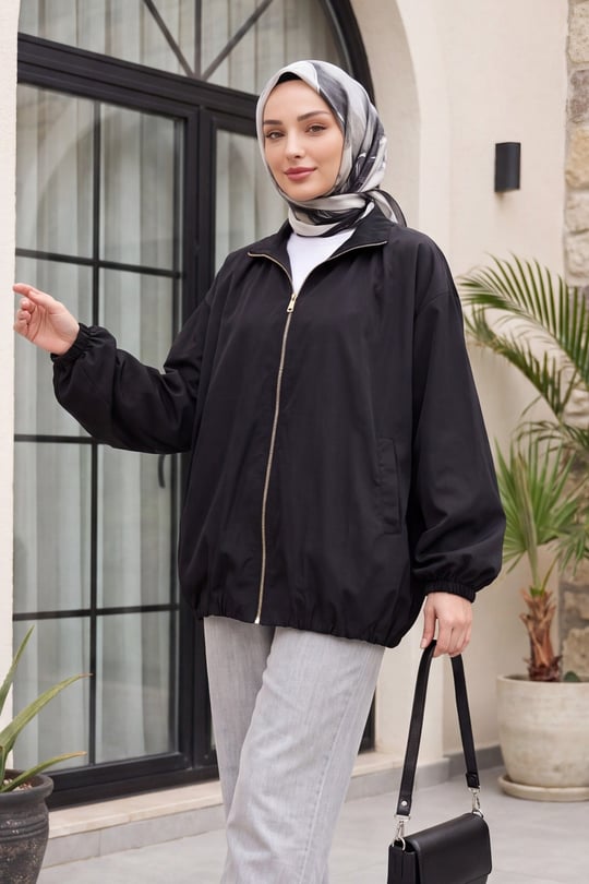Womens Stand-Collar Hem and Elastic-Cuff Zip-Up Two-Pocket Lined Parachute Jacket - Black