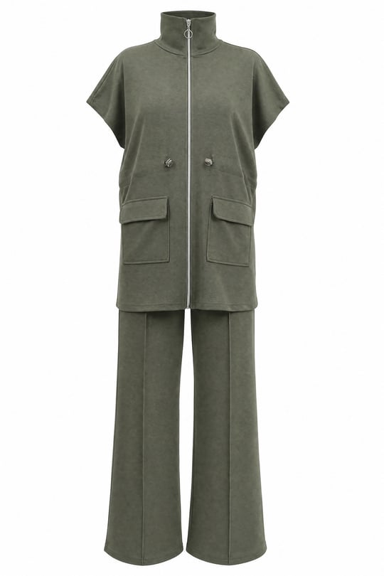 Womens Stand-Collar Zip-Up Two-Pocket Elastic-Waist Two-Piece Oysho Set - Olive Green