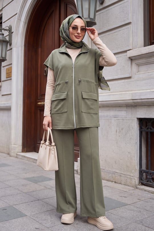 Womens Stand-Collar Zip-Up Two-Pocket Elastic-Waist Two-Piece Oysho Set - Olive Green