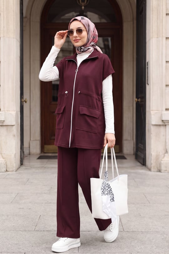 Womens Stand-Collar Zip-Up Two-Pocket Elastic-Waist Two-Piece Oysho Set - Plum