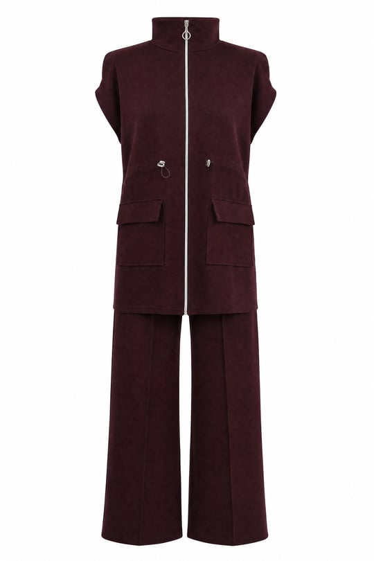 Womens Stand-Collar Zip-Up Two-Pocket Elastic-Waist Two-Piece Oysho Set - Plum