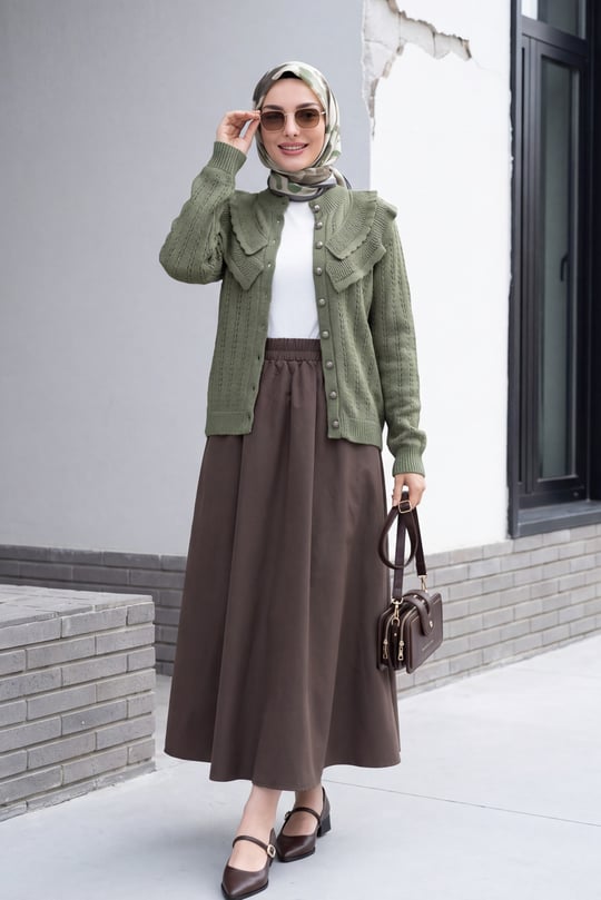 Womens Stand-Collar Ruffle-Detail Openwork Button-Front Knit Cardigan - Khaki