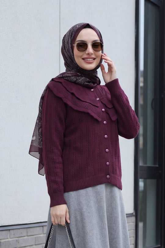 Womens Stand-Collar Ruffle-Detail Openwork Button-Front Knit Cardigan - Plum