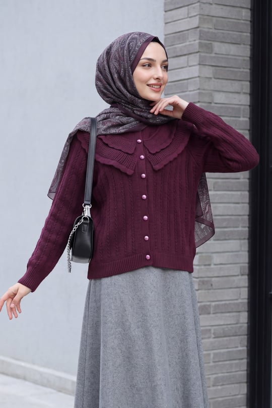 Womens Stand-Collar Ruffle-Detail Openwork Button-Front Knit Cardigan - Plum