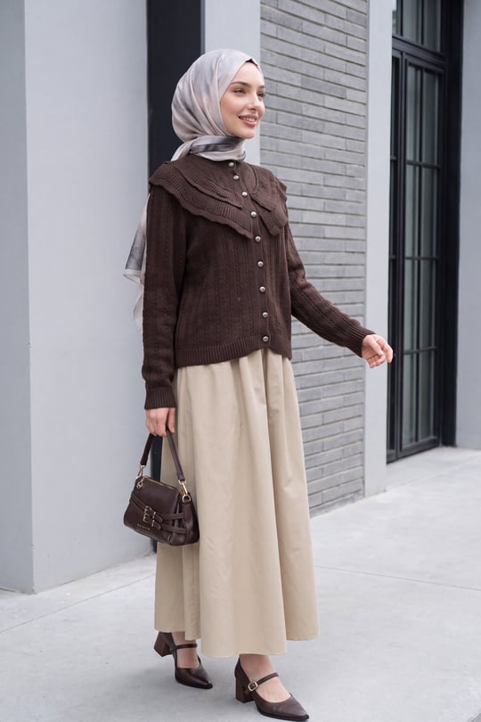 Womens Stand-Collar Ruffle-Detail Openwork Button-Front Knit Cardigan - Dark Brown
