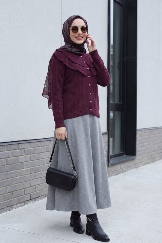 Womens Stand-Collar Ruffle-Detail Openwork Button-Front Knit Cardigan - Plum