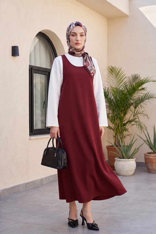 Dik Yaka Uzun Kol Bluzlu Dabıl Krep Jile Takım -Bordo