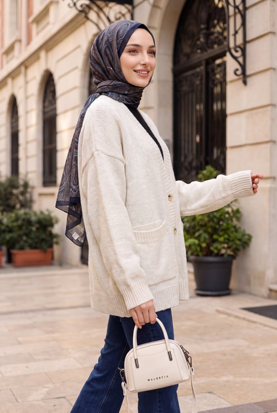 Womens Button-Front Two-Pocket Relaxed Knit Cardigan - Stone