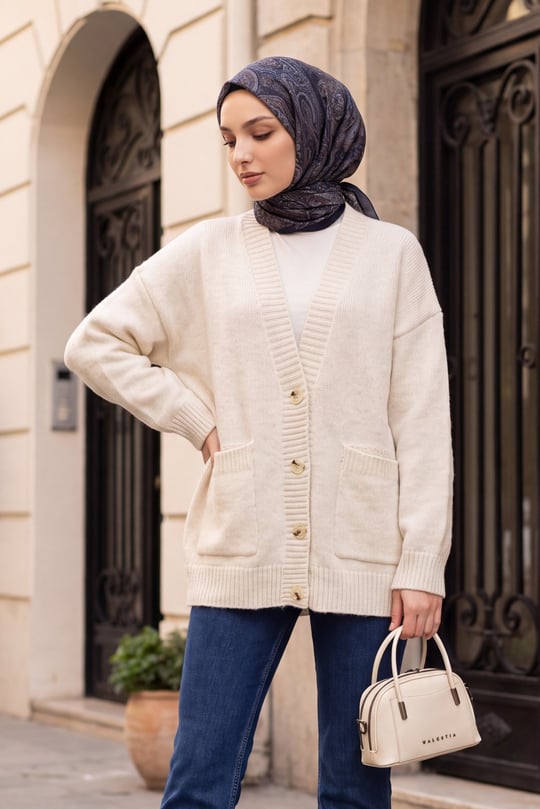Womens Button-Front Two-Pocket Relaxed Knit Cardigan - Stone