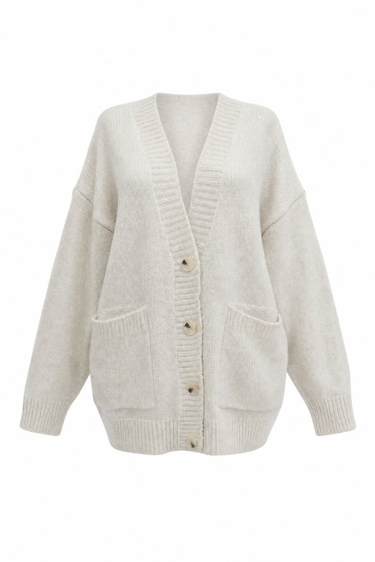 Womens Button-Front Two-Pocket Relaxed Knit Cardigan - Stone
