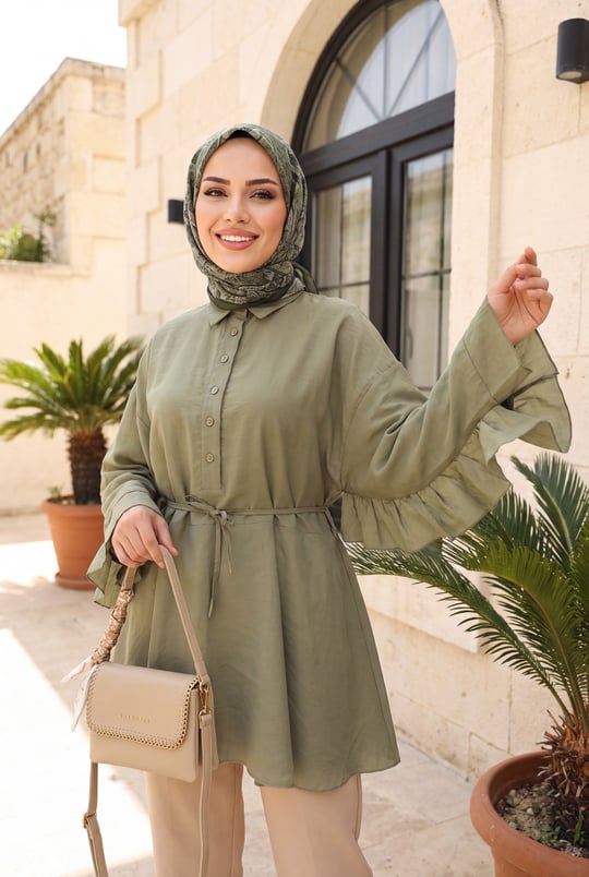 Womens Button-Front Belted Batwing-Sleeve Flounced Oversized Modal Tunic - Almond Green
