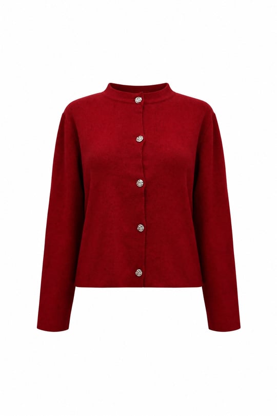 Womens Button-Front Round-Neck Knit Cardigan - Red