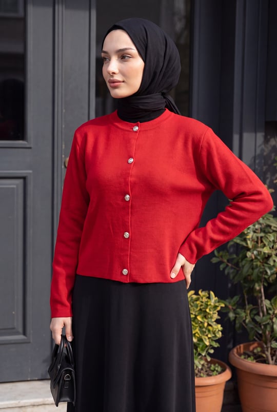 Womens Button-Front Round-Neck Knit Cardigan - Red