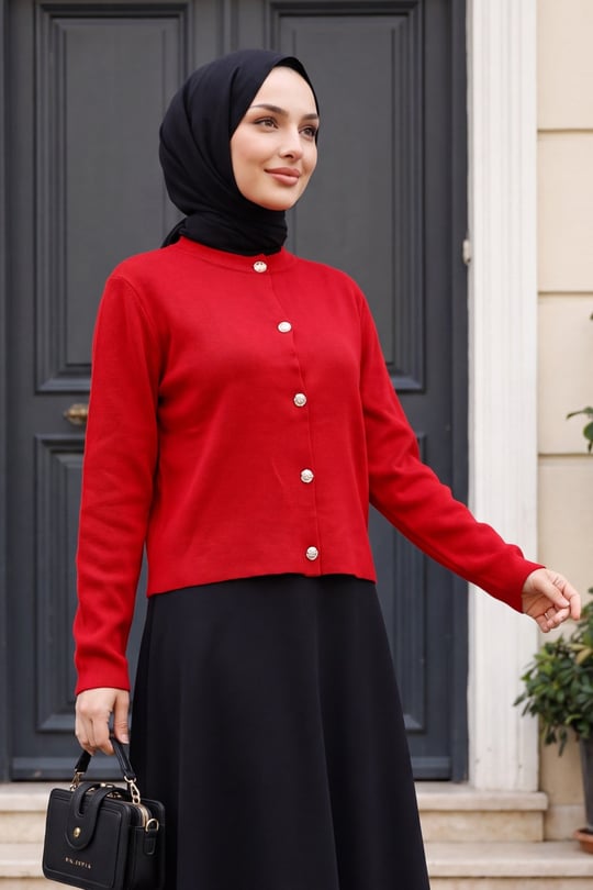Womens Button-Front Round-Neck Knit Cardigan - Red