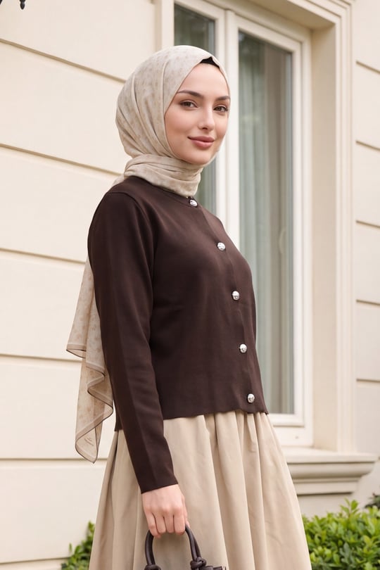 Womens Button-Front Round-Neck Knit Cardigan - Dark Brown