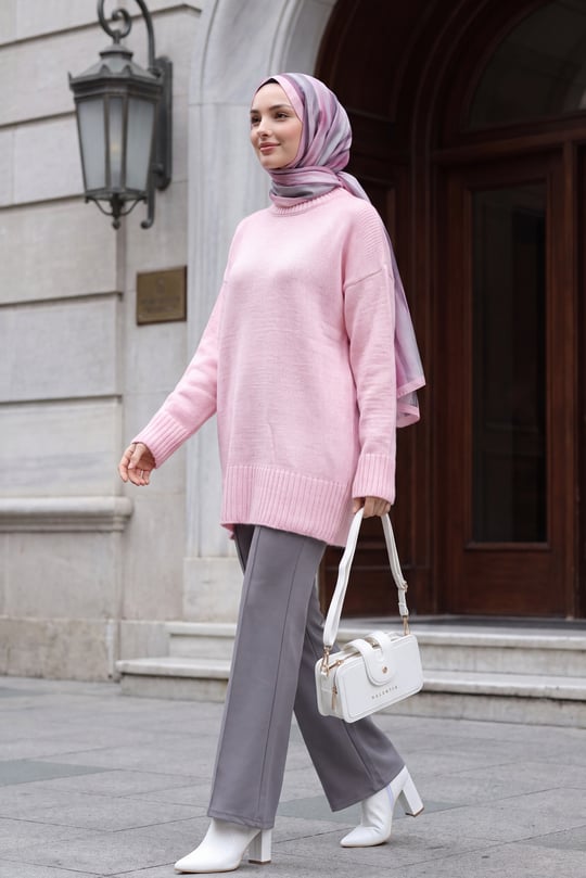 Etek Ucu Ve Kolu Fitilli Salaş Triko Tunik -Pembe