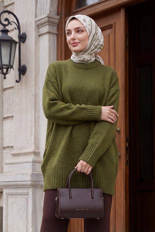 Etek Ucu Ve Kolu Fitilli Salaş Triko Tunik -Haki