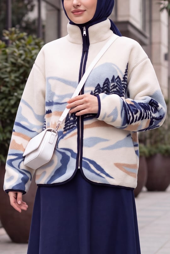 Fermuarlı Desenli Çift Cepli Peluş Ceket -Bebe Mavi