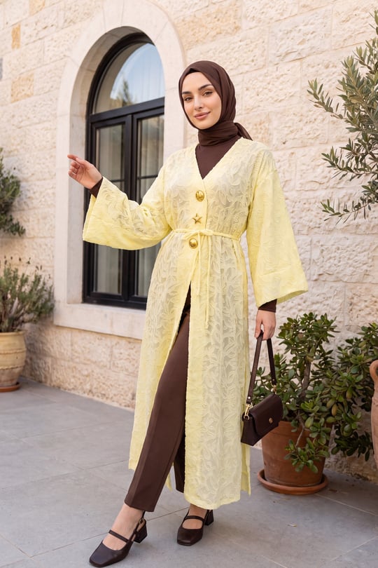 Wide Sleeve Lace-Up Brooch-Detail Jacquard Long Kimono - Yellow