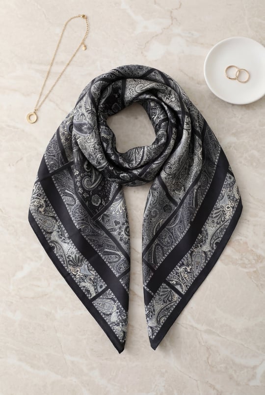 Geometrik Çerçeveli Rayon Eşarp -Gri