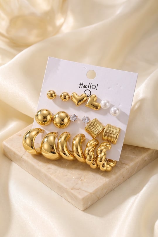 Gold Renk Metalik Kaplamalı Karışık Model Detaylı CCB 9 Çift Küpe Seti