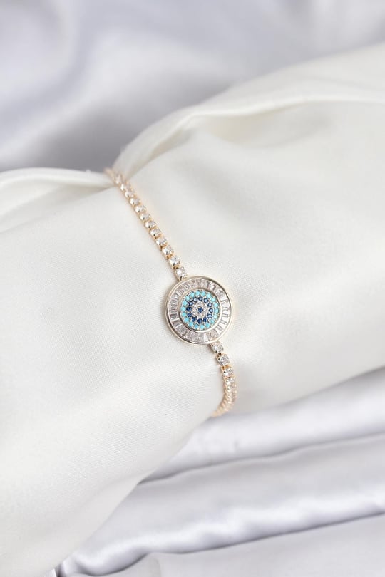 Gold Renk Nazar Model Zirkon Taşlı Asansörlü Su Yolu Bileklik
