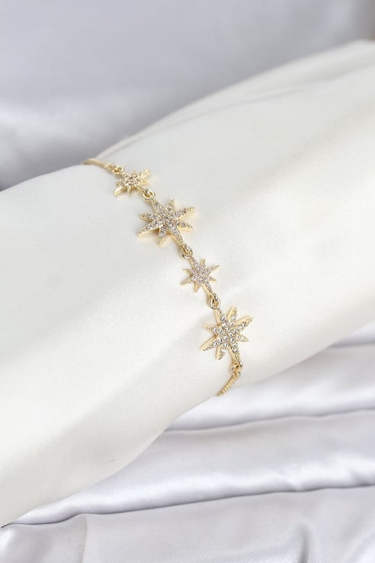 Gold Renk Pirinç Zirkon Taşlı Kutup Yıldızı Model Asansörlü Kadın Bileklik