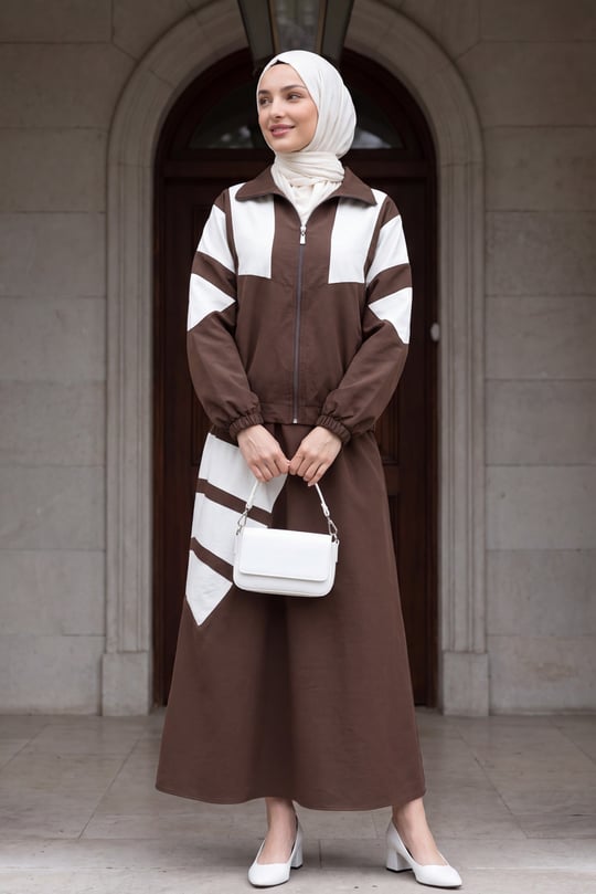 Womens Shirt-Collar Stripe Detail Two-Pocket Skirt Set - Brown