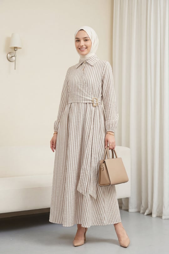 Womens Shirt-Collar Half-Button Buckle Side Tie-Detail Striped Linen Dress - Mink