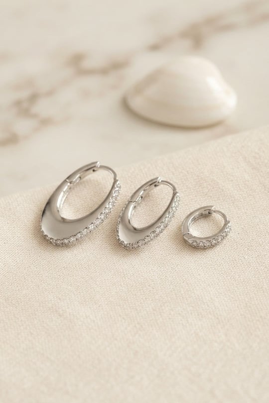 Gümüş Renk Oval Halka Model Zirkon Taşlı 3 lü Küpe Set