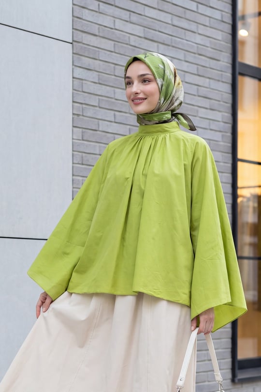 Womens Mandarin-Collar Flared-Sleeve Lined Voile Blouse - Pistachio Green