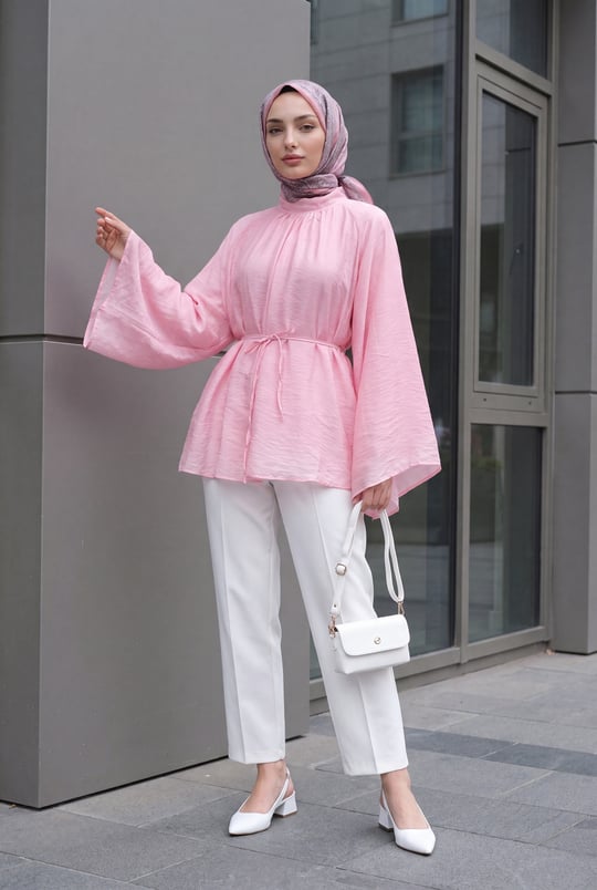 Hakim Yaka Kemerli Astarlı İspanyol Kol Oversize Liyosel Tunik -Pembe